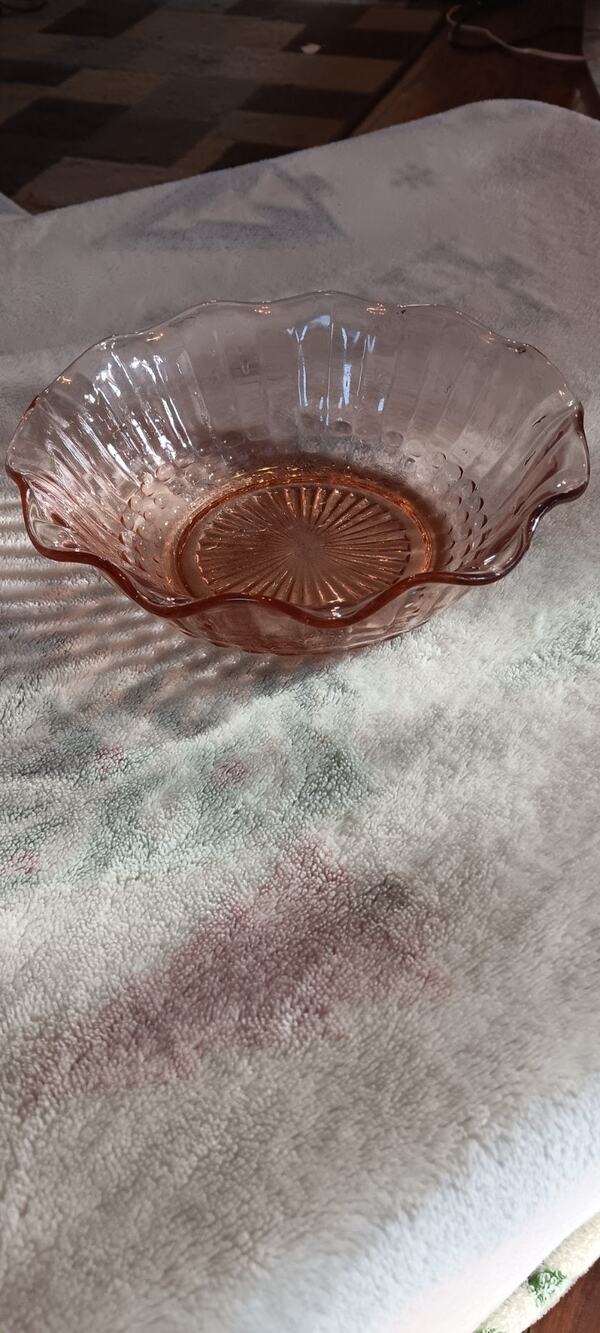 Pink Pressed Depression Glass Small Bowl Candy Dish Ruffled Edges Raised Designs